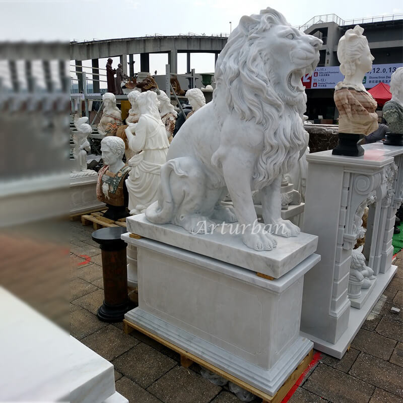 stone lions in front of house