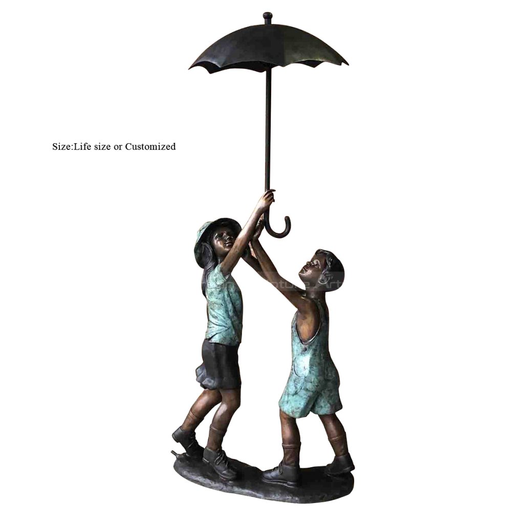 boy and girl under umbrella statue