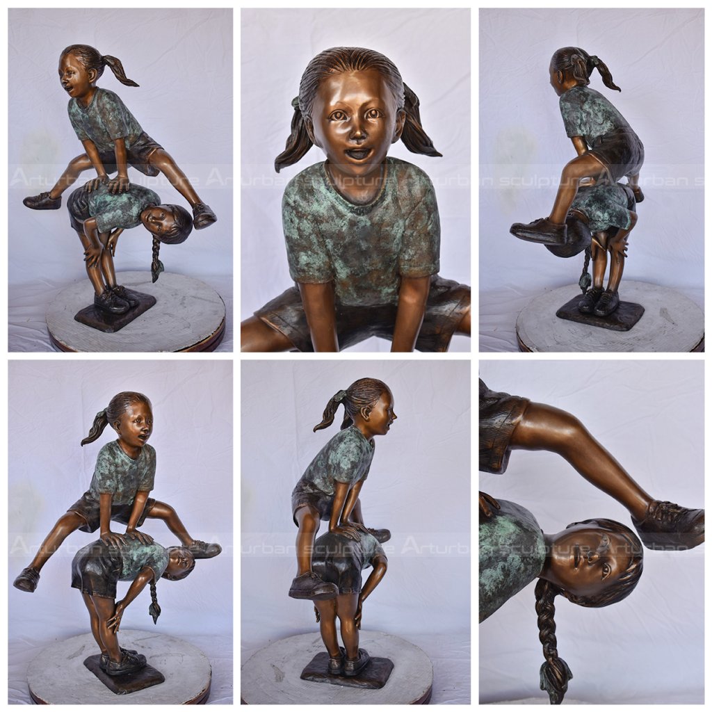 two girls playing leapfrog statue