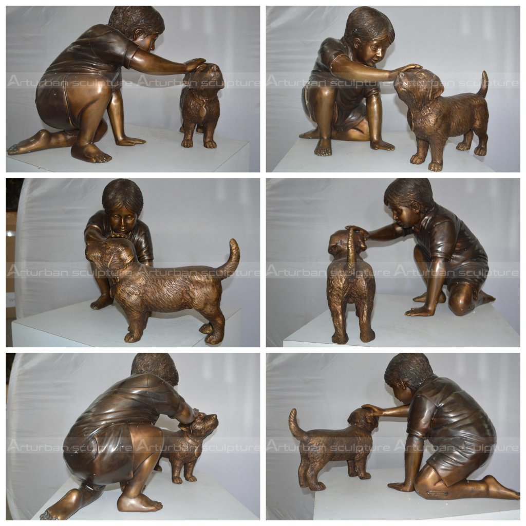 boy dog bronze statue