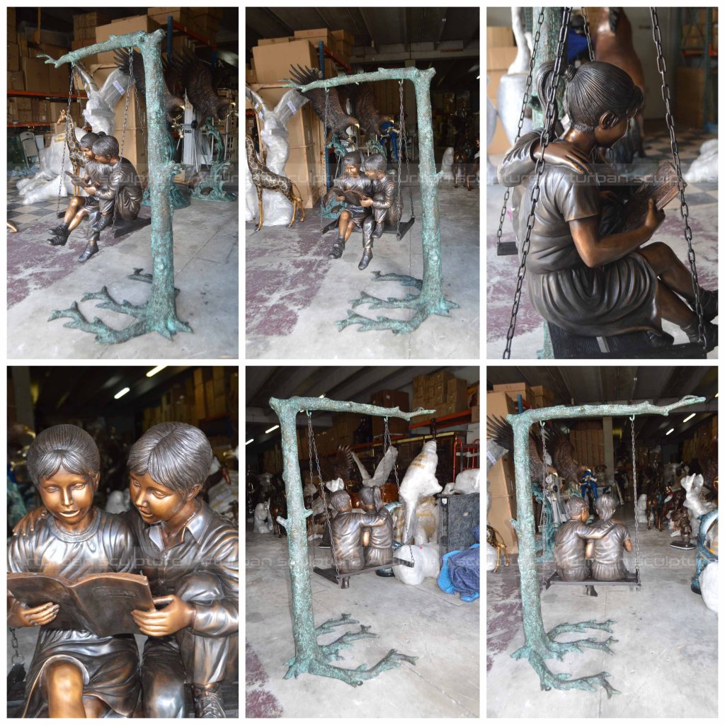 Bronze Children Reading Statue