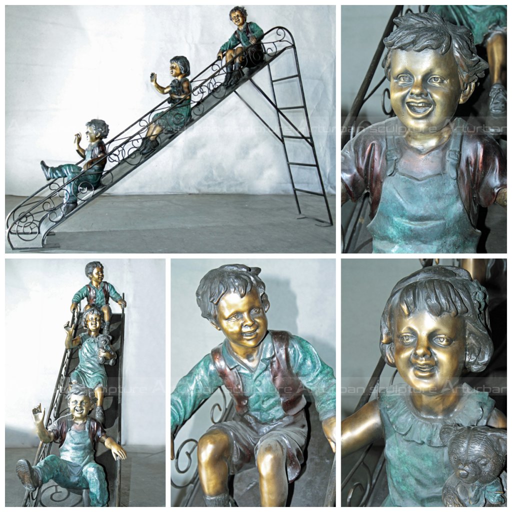 children on slide bronze statue