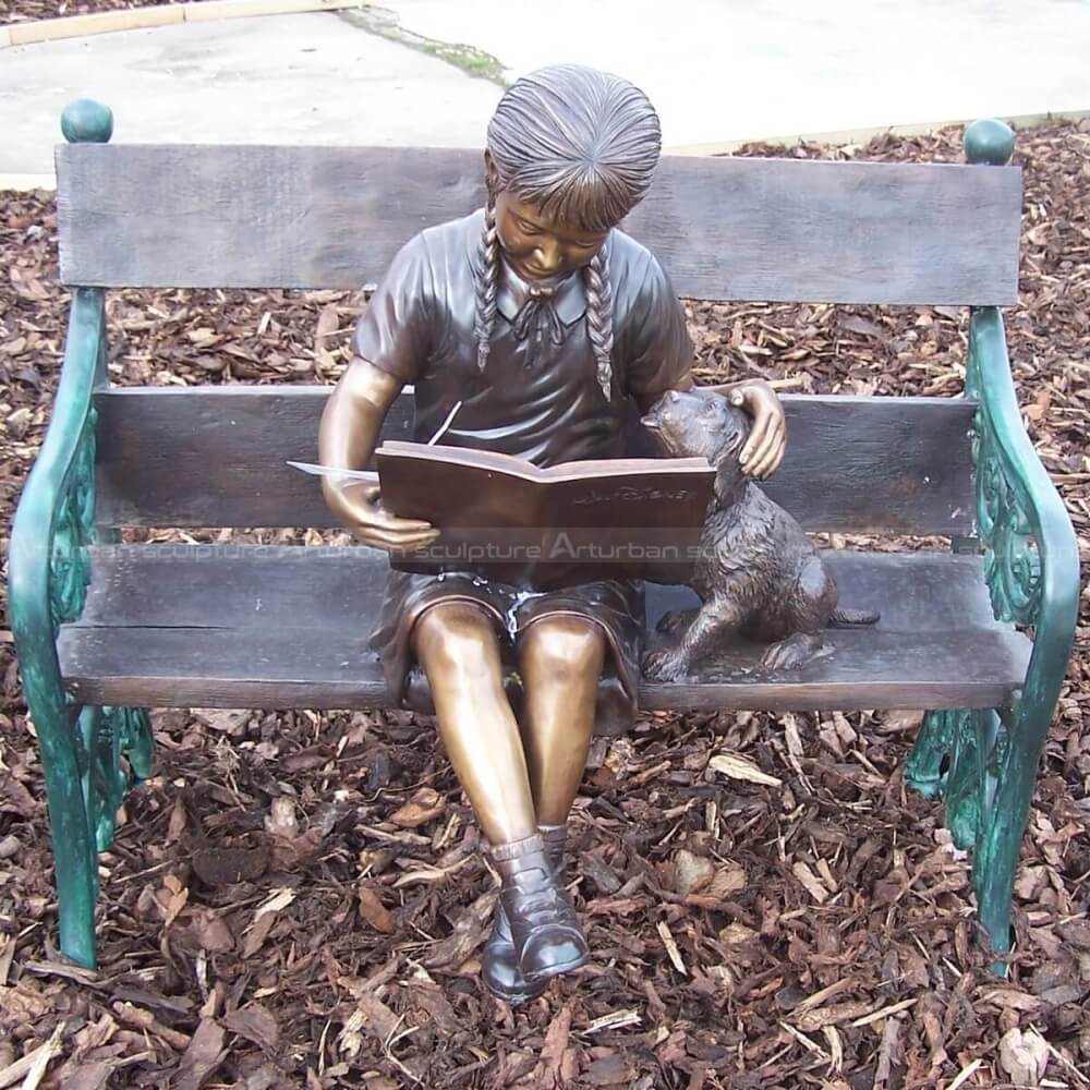 girl with dog bronze sculpture