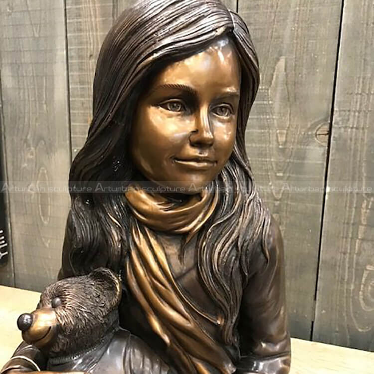 Bronze Girl Teddy Bear Statue