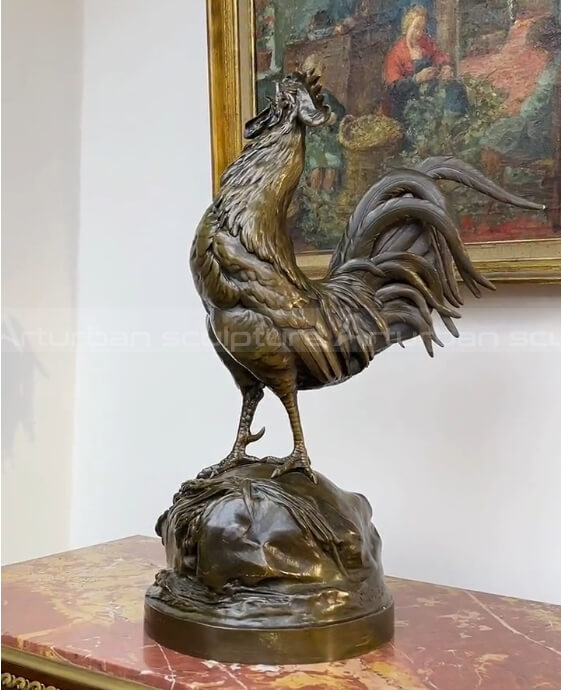 Auguste Cain was a French sculptor known for his graceful and vivid animal sculptures. One of the most famous of his works is his bronze rooster sculpture.