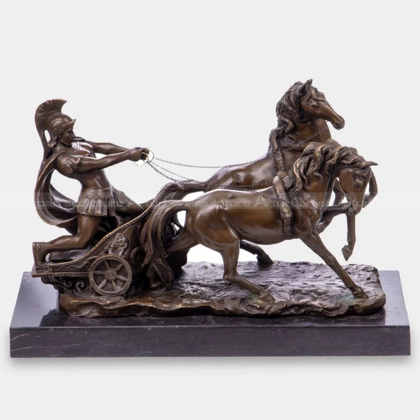 bronze statue of a warrior in ancient Roman armor, holding the reins of two Roman chariot horses
