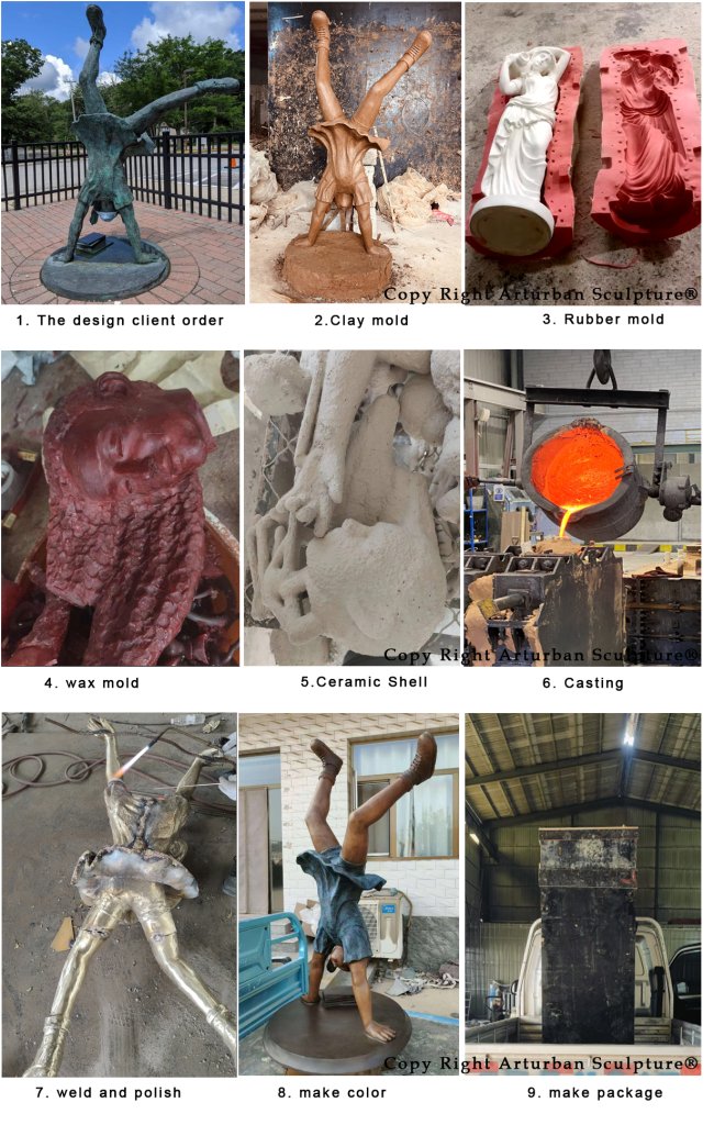 production process of making bronze handstand sculpture