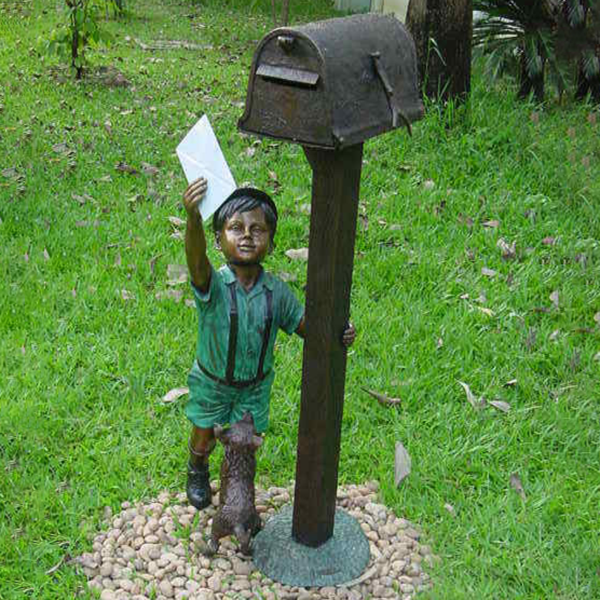 Boy Putting Card in Mailbox Statue