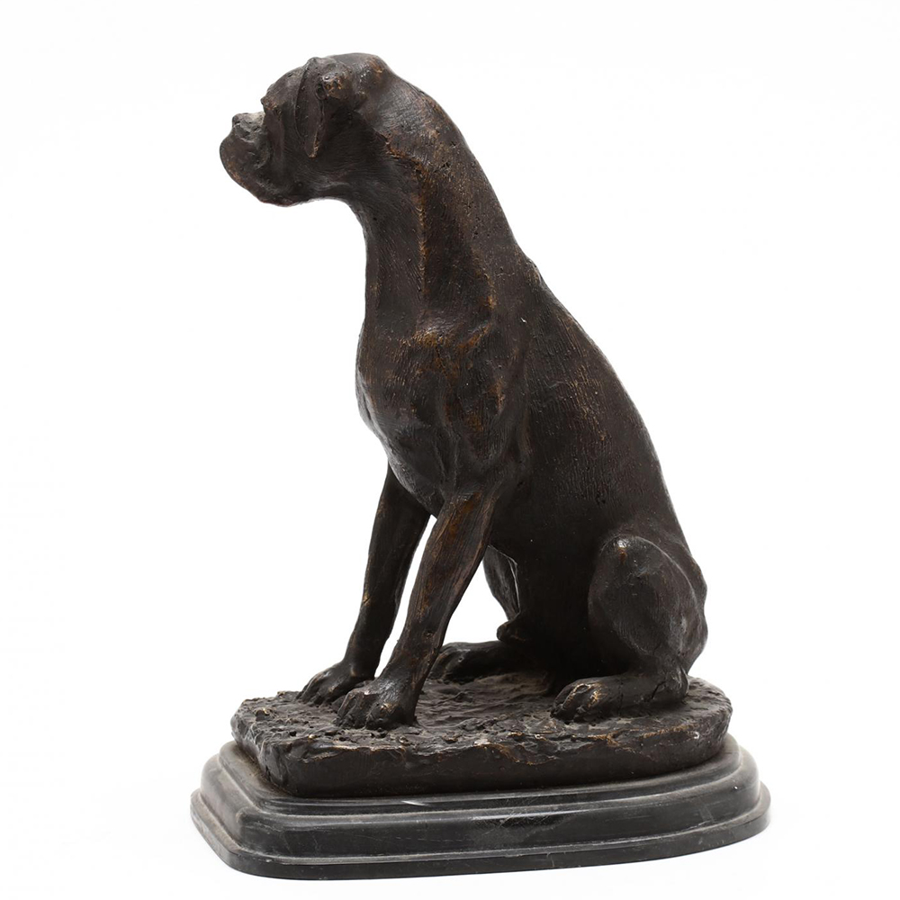 bronze Boxer Dog Sculpture sitting side view