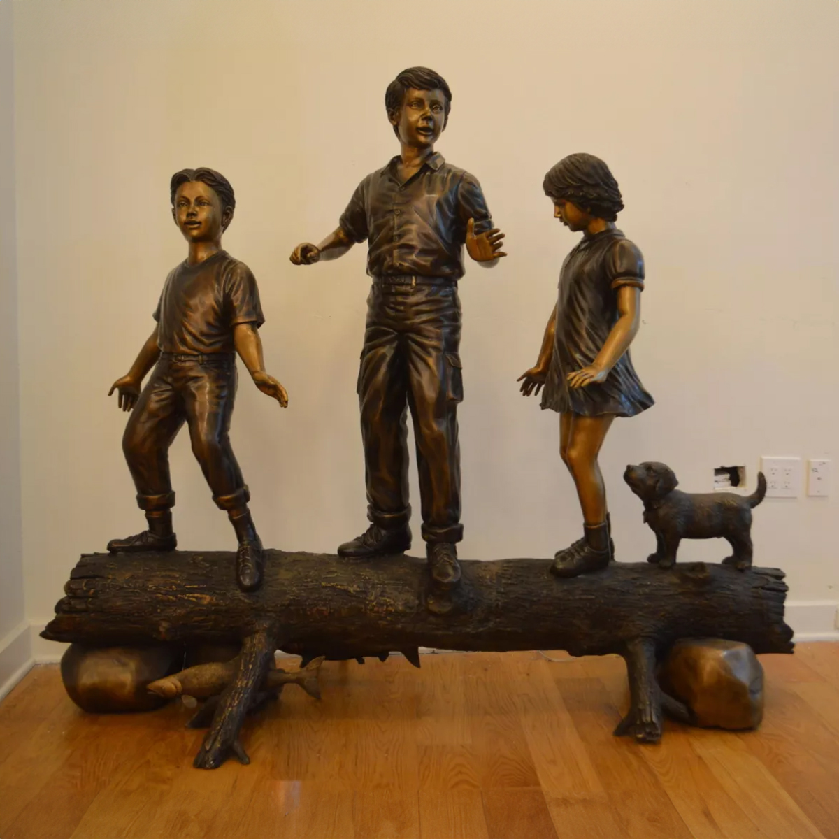 3 Kids on Log Statue for Sale