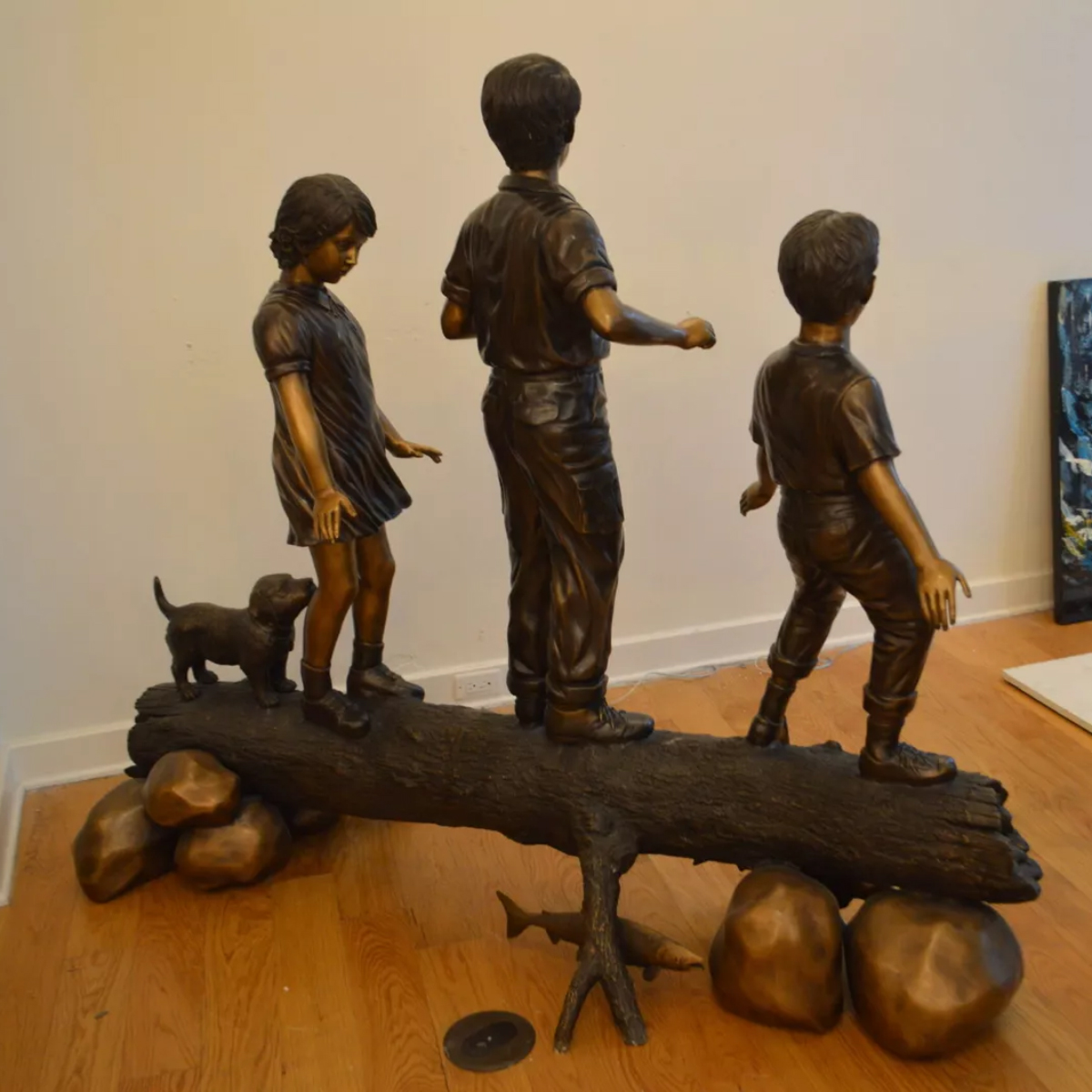 3 Kids on Log Statue for Sale