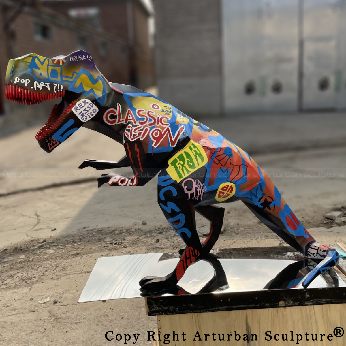 graffiti geometric t rex statue