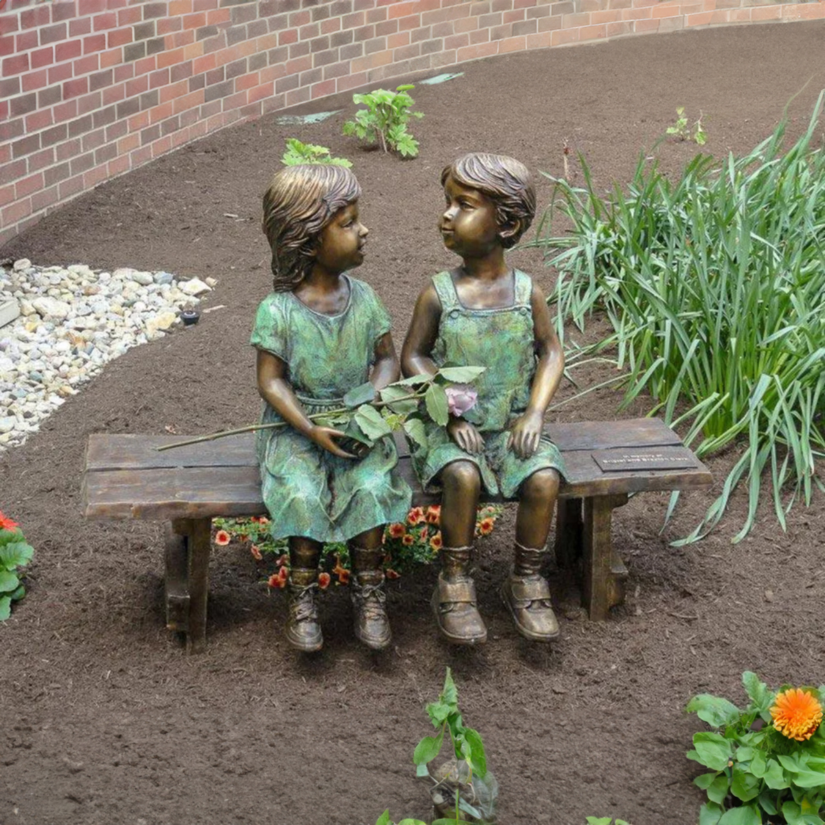 Little Boy and Girl on Bench Statue