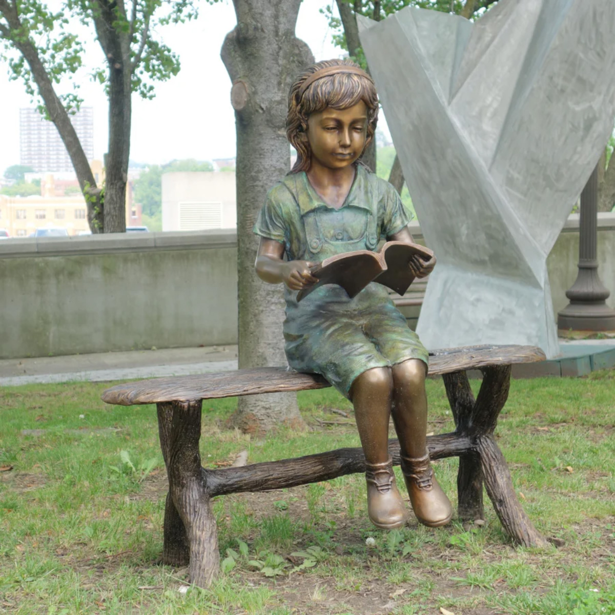 Bronze Girl Reading on Bench Statue