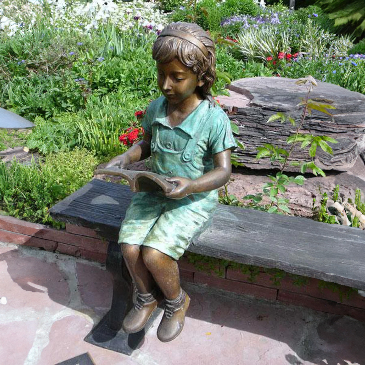 Bronze Girl Reading on Bench Statue