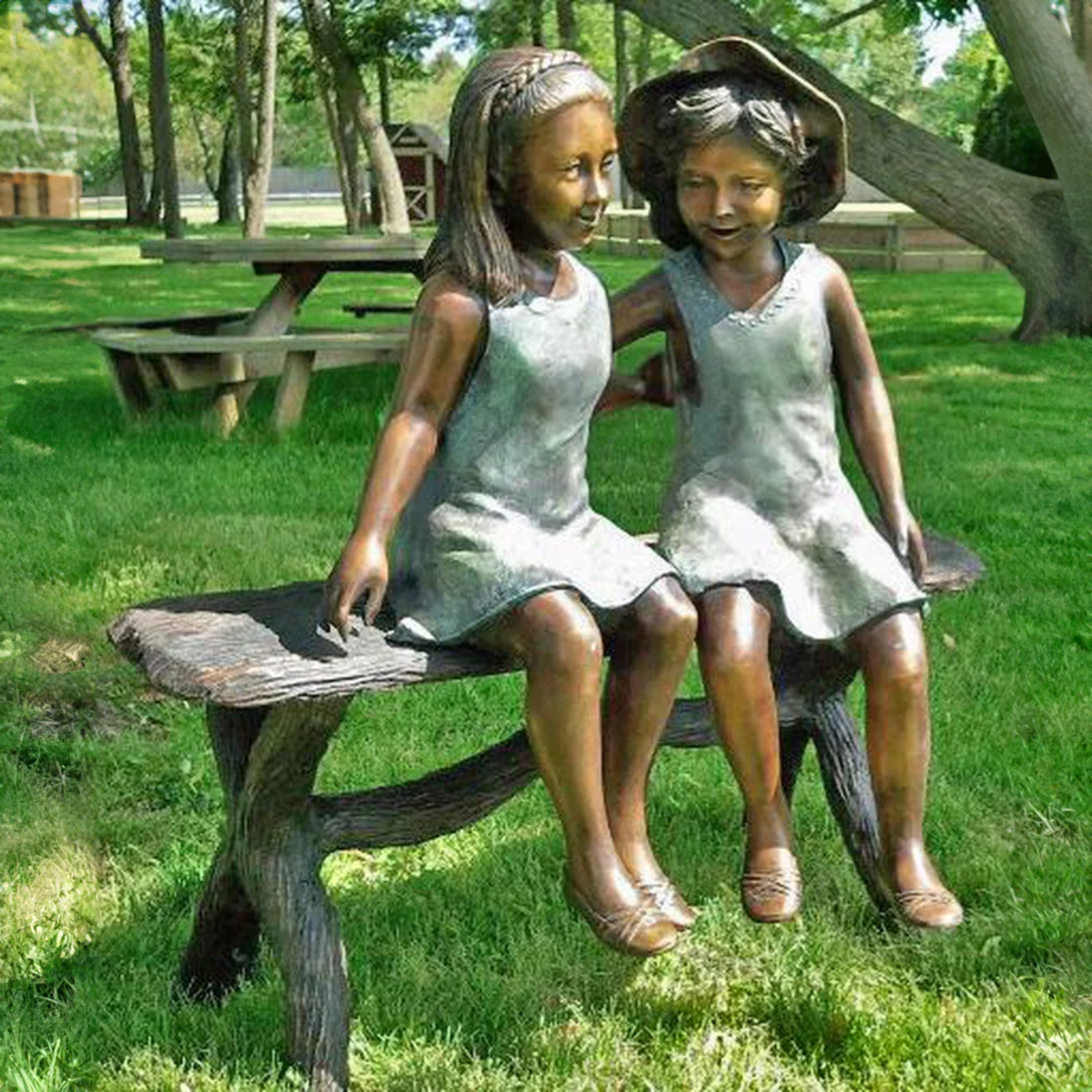 Bronze Girls on Bench Statue