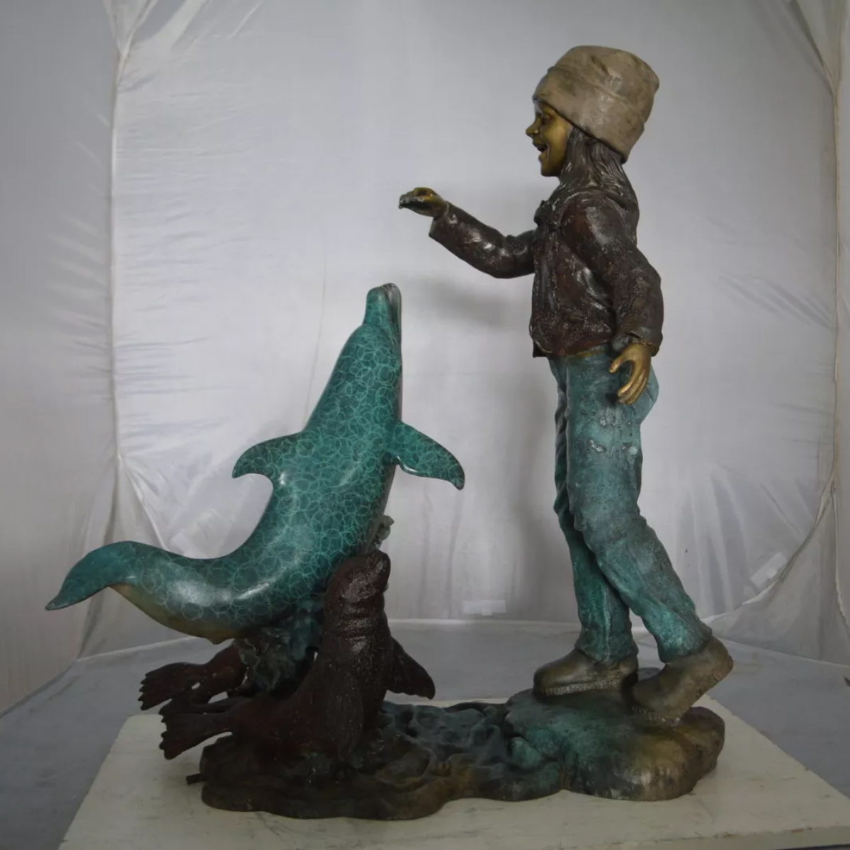 Large Girl Statue with Dolphin and Seals