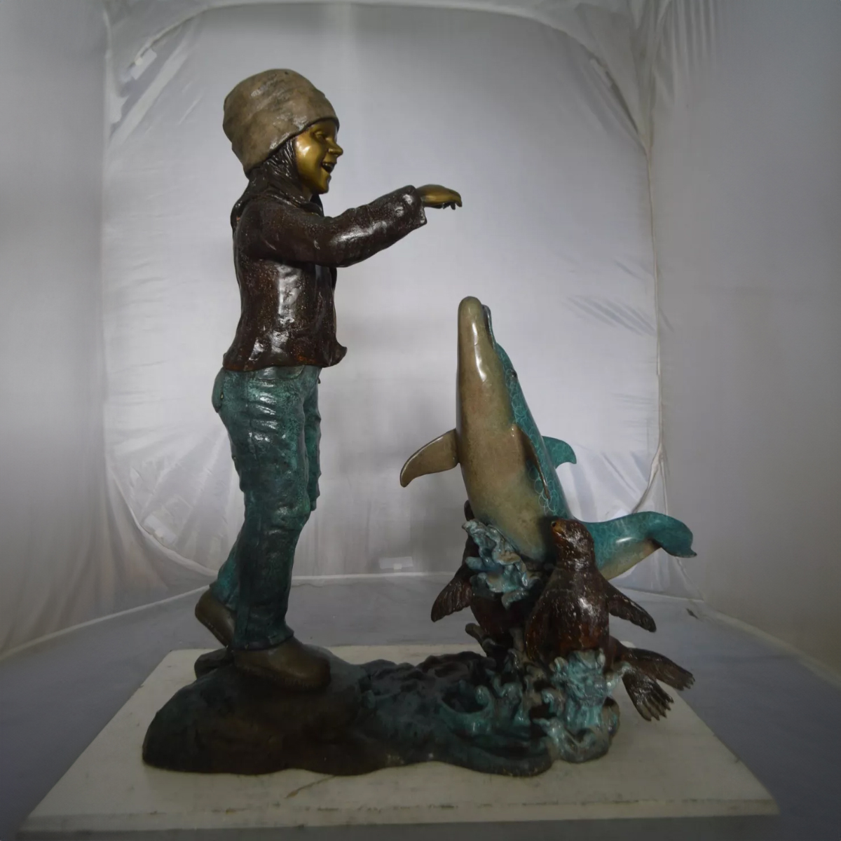 Large Girl Statue with Dolphin and Seals