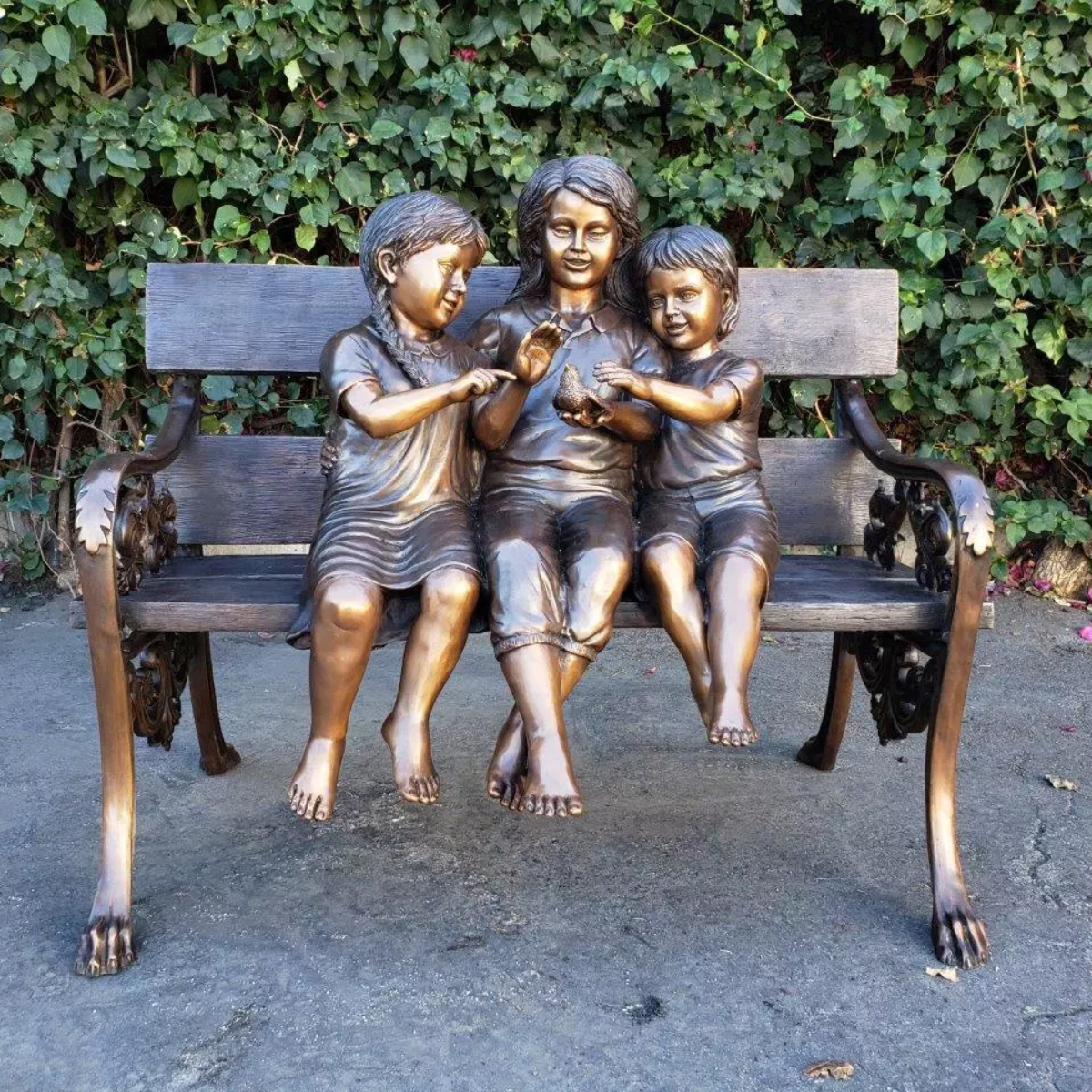 Metal Kids on Bench Statue