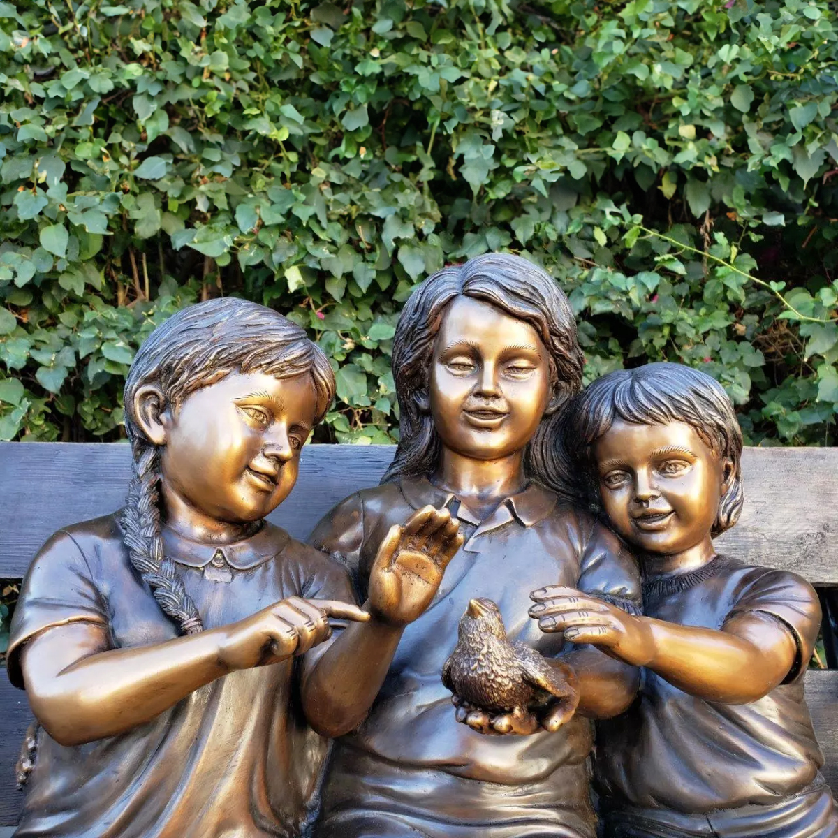 Metal Kids on Bench Statue