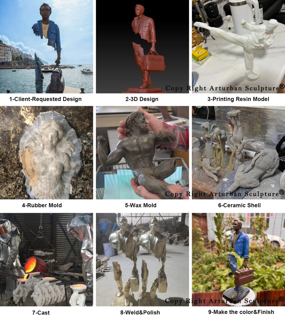 process of making the Man with Suitcase Sculpture