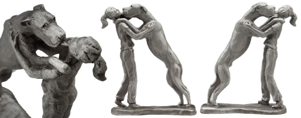 Great dane interacting with figure statue