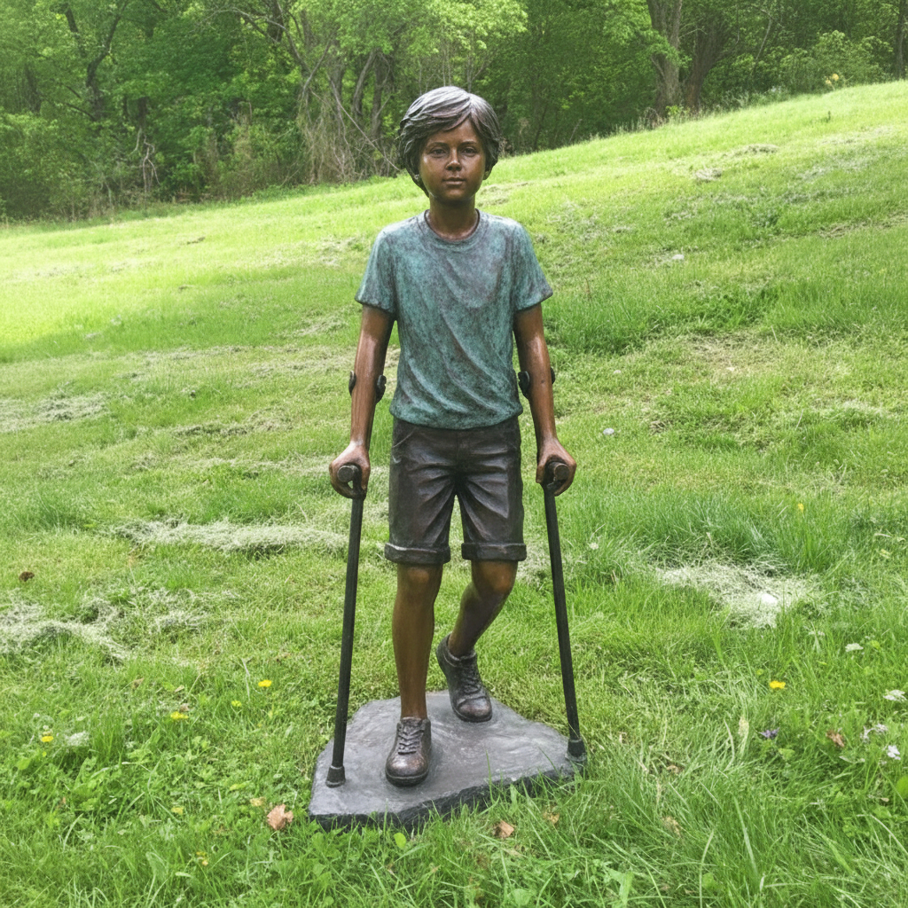Bronze Kid with Crutches Statue on lawn
