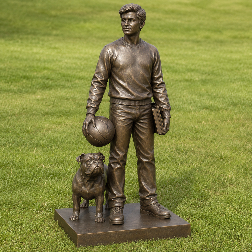 Bronze Youth and Dog Statue front view