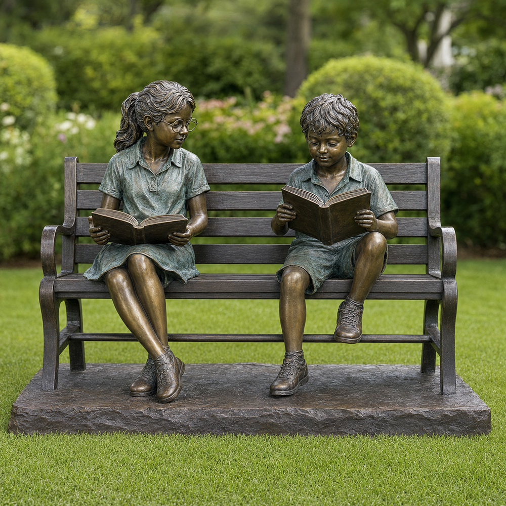Kids Reading on Bench Statue (1)