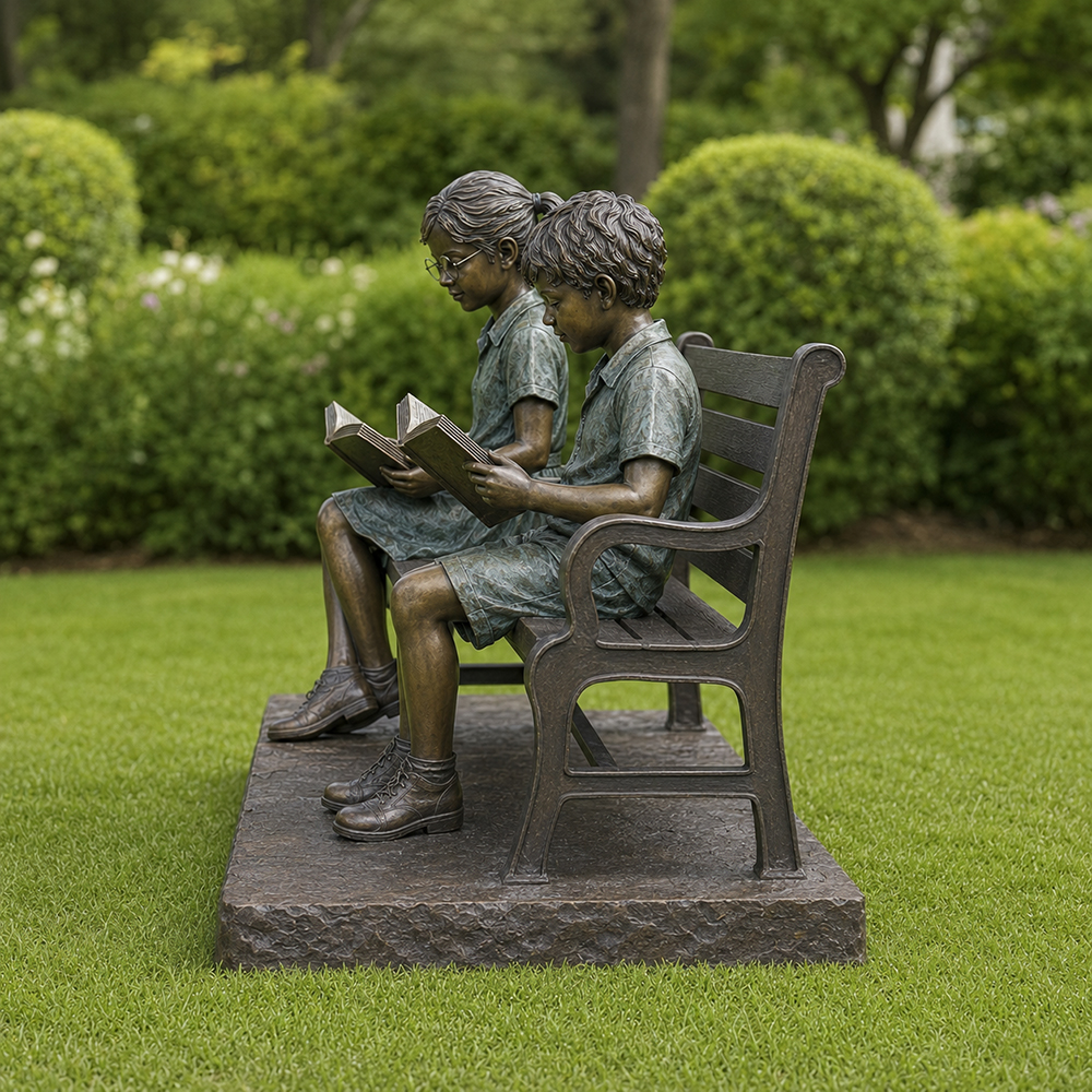 Kids Reading on Bench Statue (2)