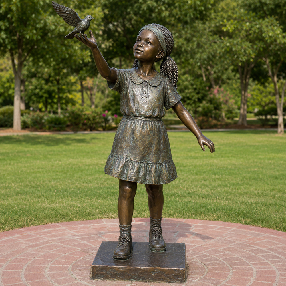 bronze Girl And Bird Statue
