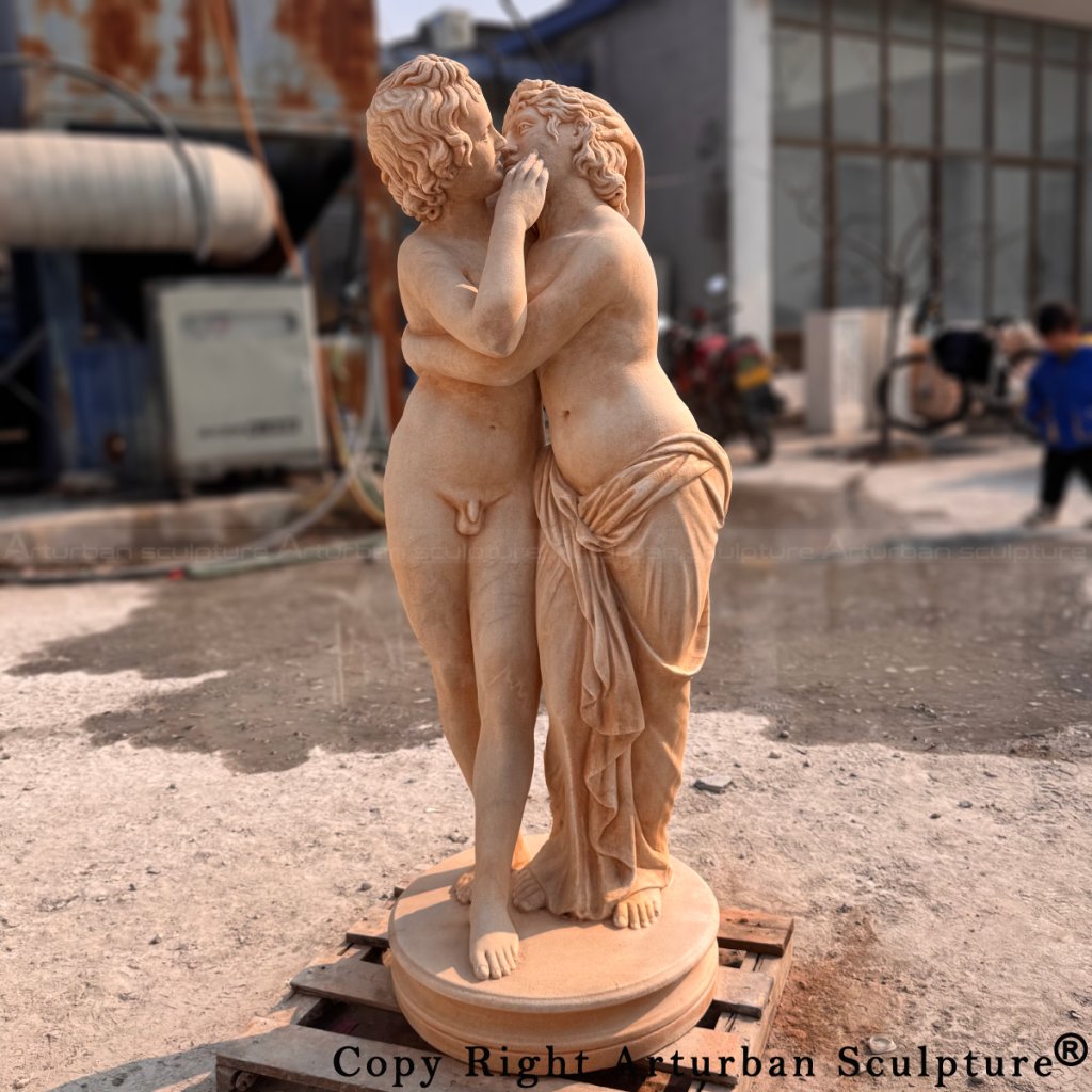 Marble Cupid and Psyche Sculpture showing the embrace and kiss between the two figures
