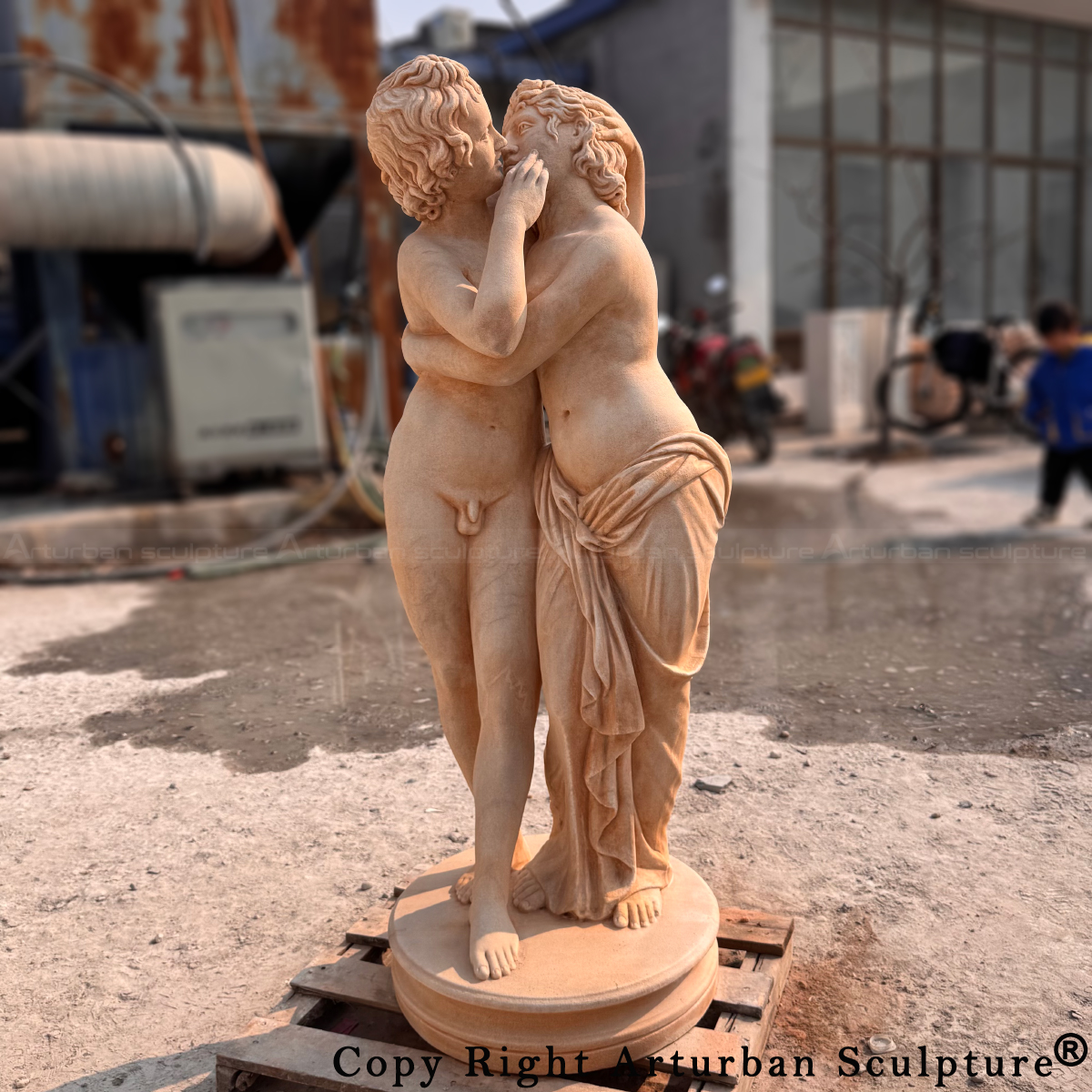 Marble Cupid and Psyche Sculpture showing the embrace and kiss between the two figures
