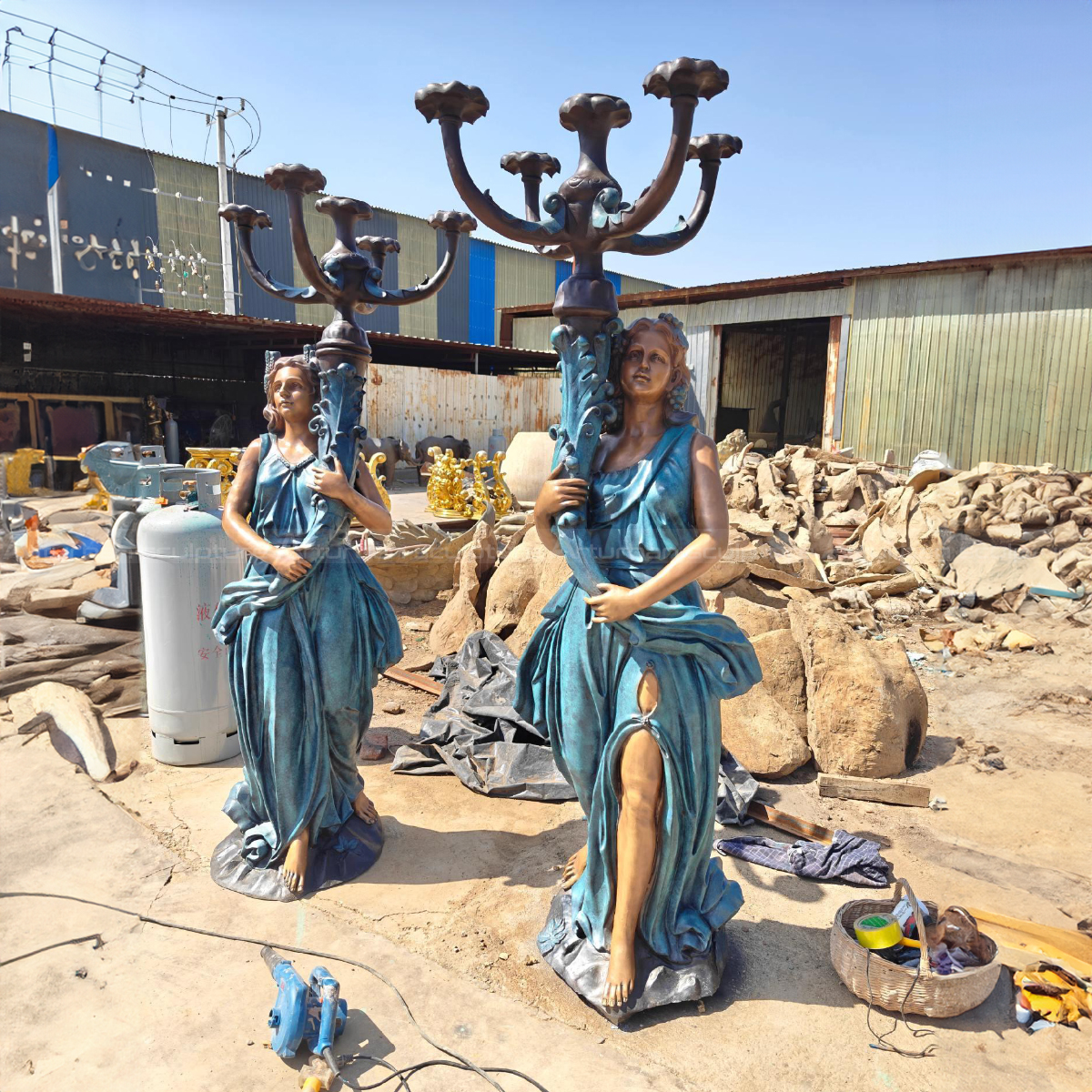 A pair of Lady Holding Lamp bronze Statue