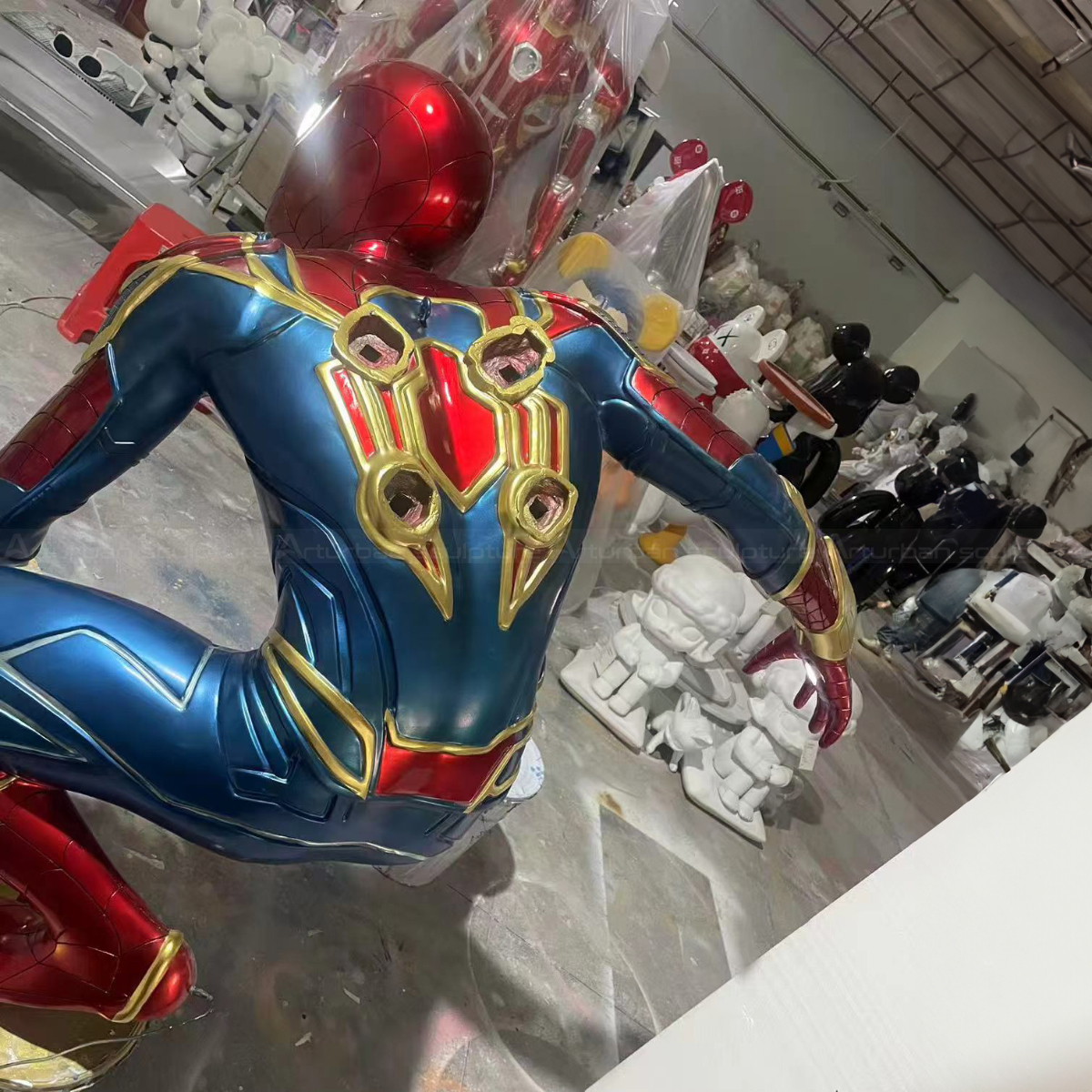 Close-up Back view of Spider Man Advanced Suit Statue