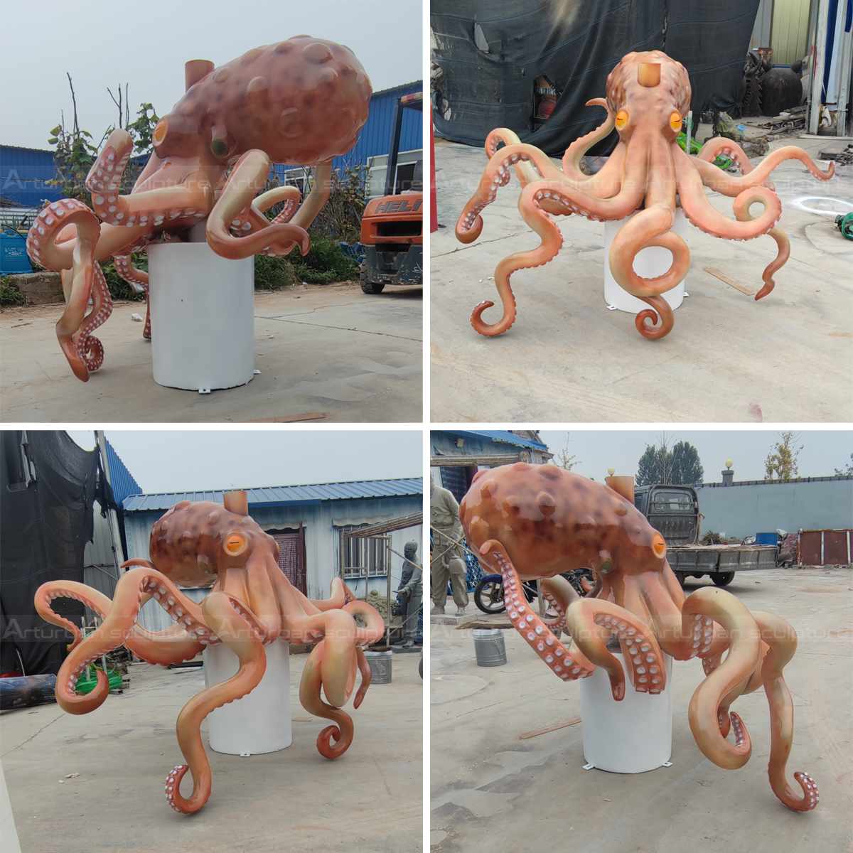 Different angles of the fiberglass octopus sculpture