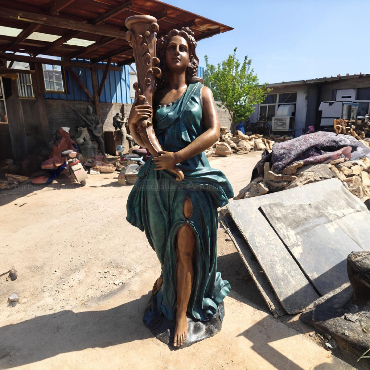Lady Holding lamp post bronze Statue