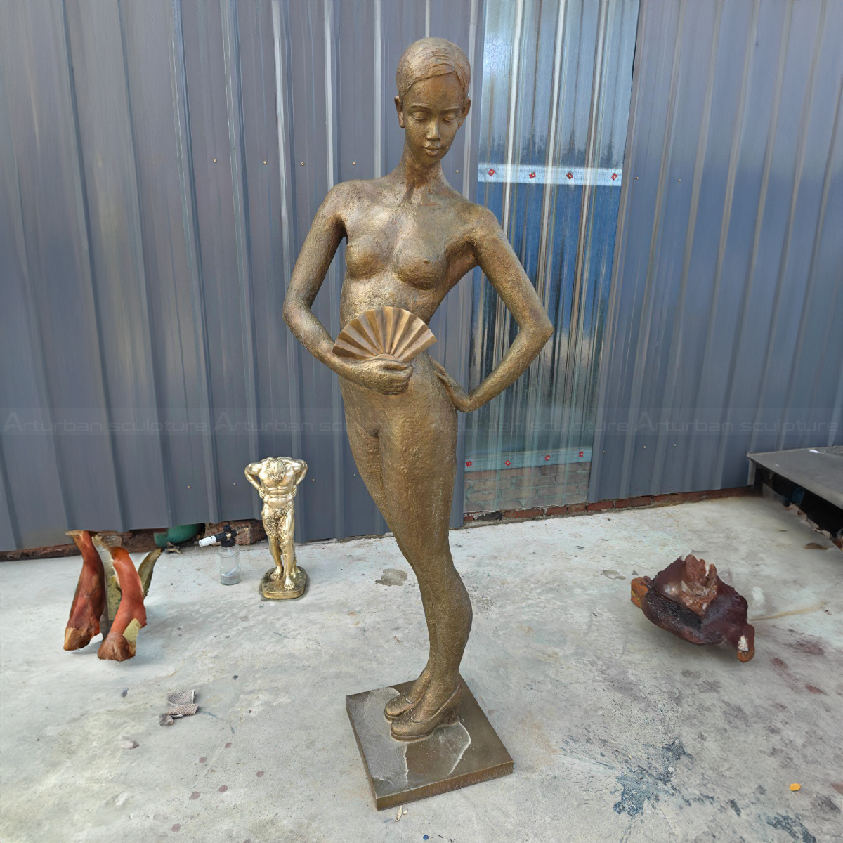 Nude lady holding a folding fan bronze Statue Art