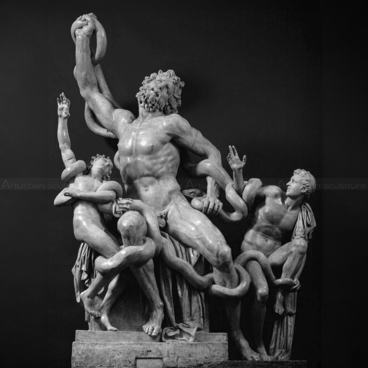The Statue of Laocoon and His Sons showing intense expressions and serpents coiled around the figures
