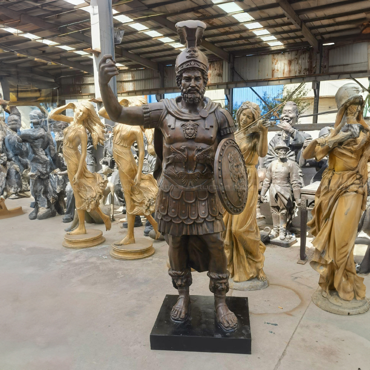 bronze Ancient Roman Soldier Statue holding a shield
