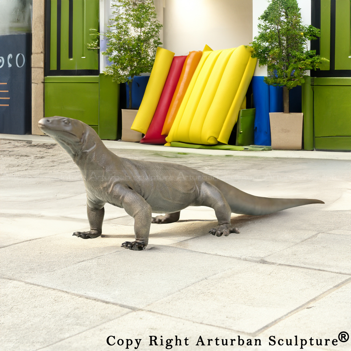 bronze Komodo Dragon with a slightly raised head Garden Ornament