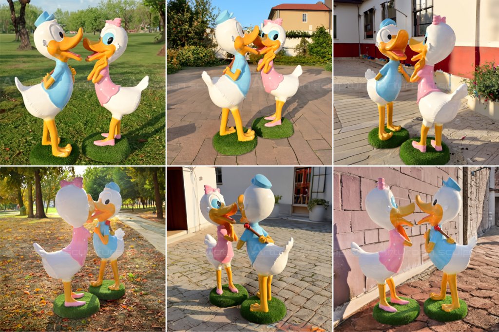 different angles of disney daisy and donald duck couple garden statue