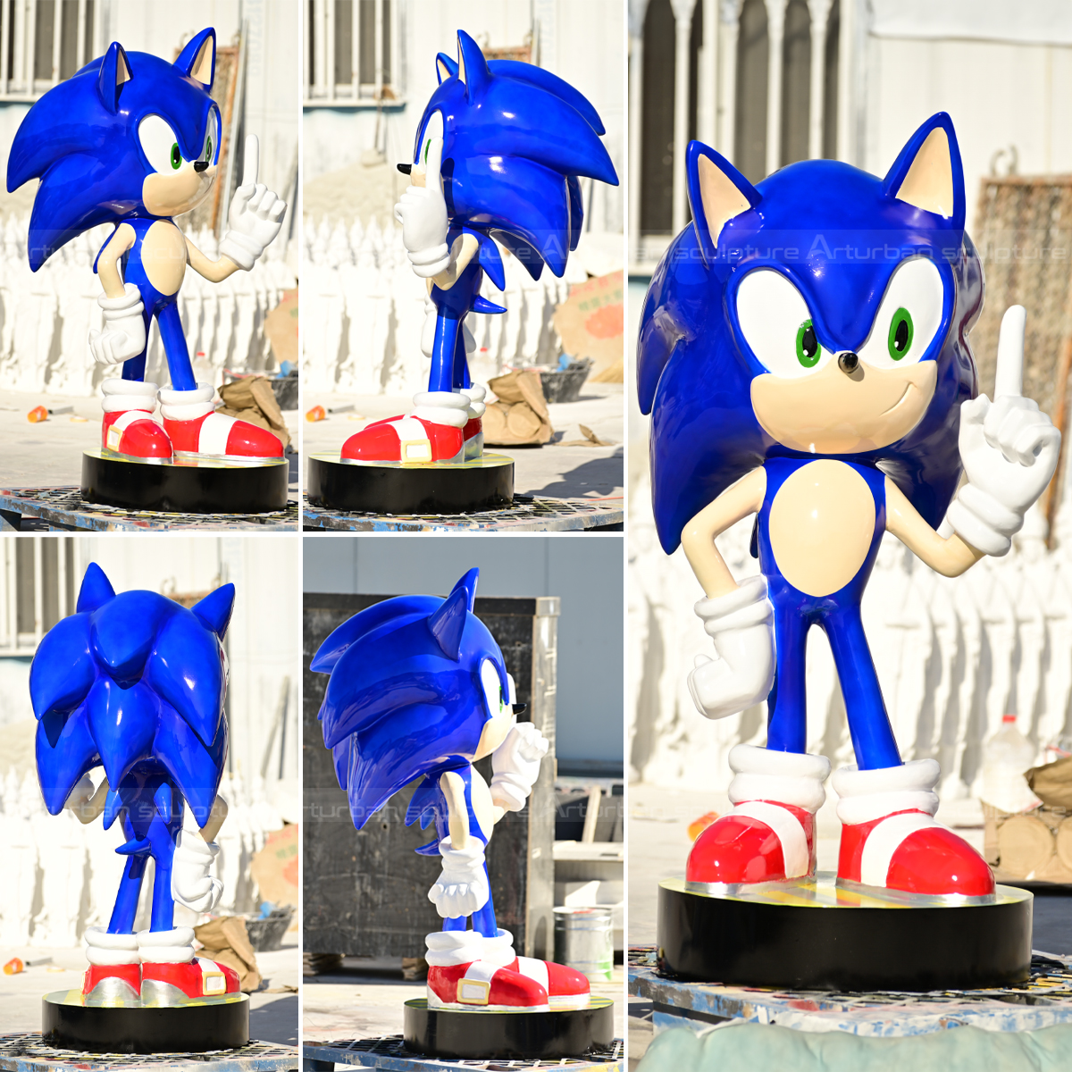 different angles of fiberglass sonic hedgehog statue