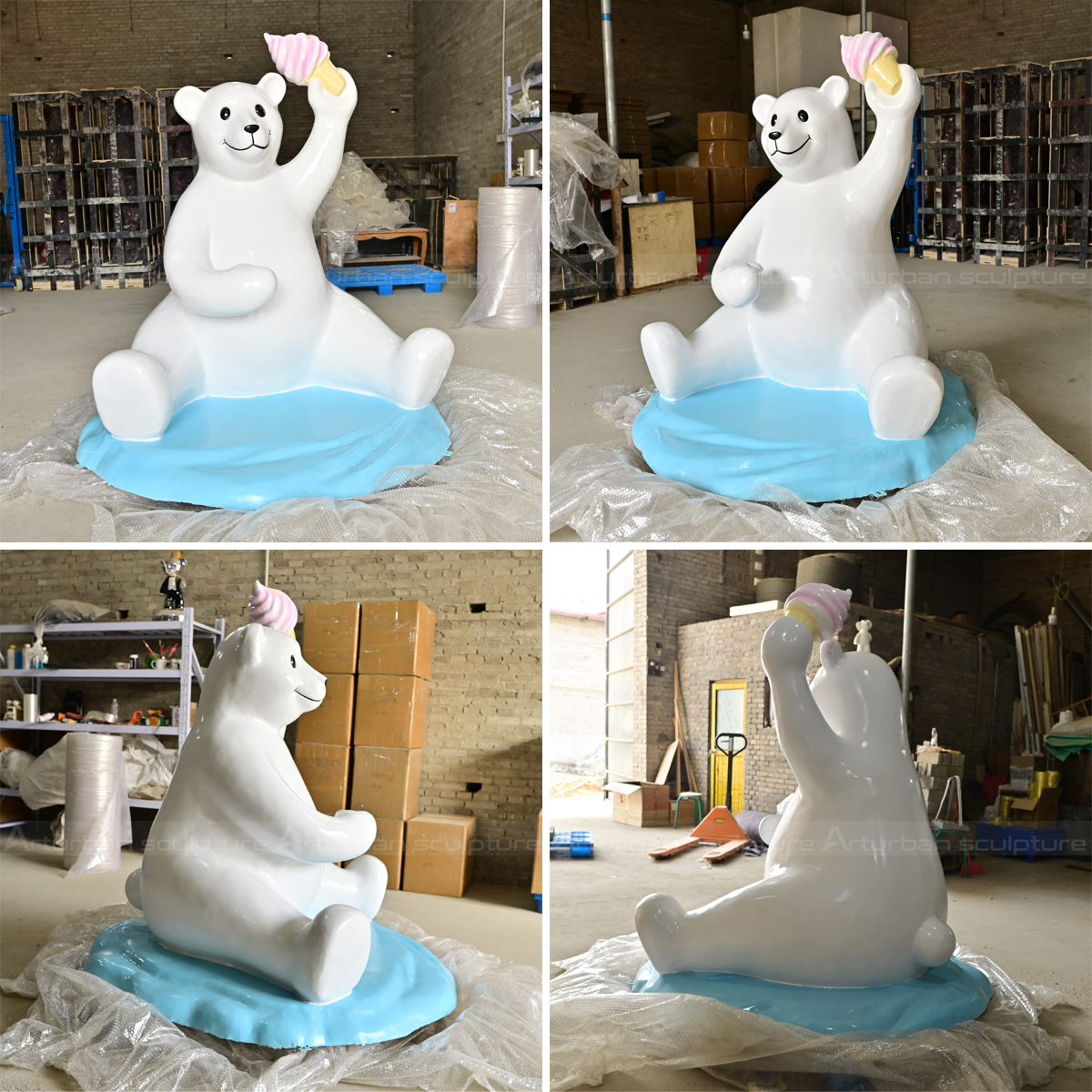 four angles of sitting cartoon white bear statue with one ice cream