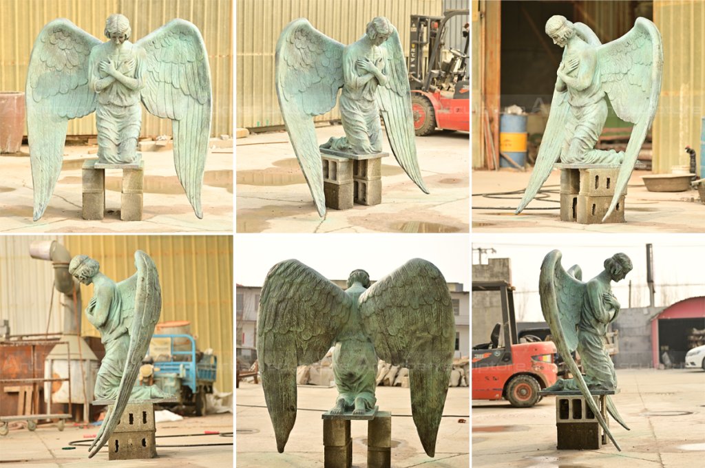 kneeling angel with her hands crossed on her chest statue in different angles