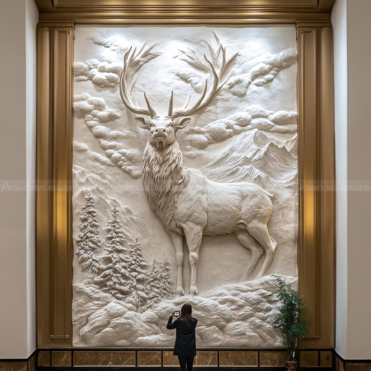 marble deer standing relief