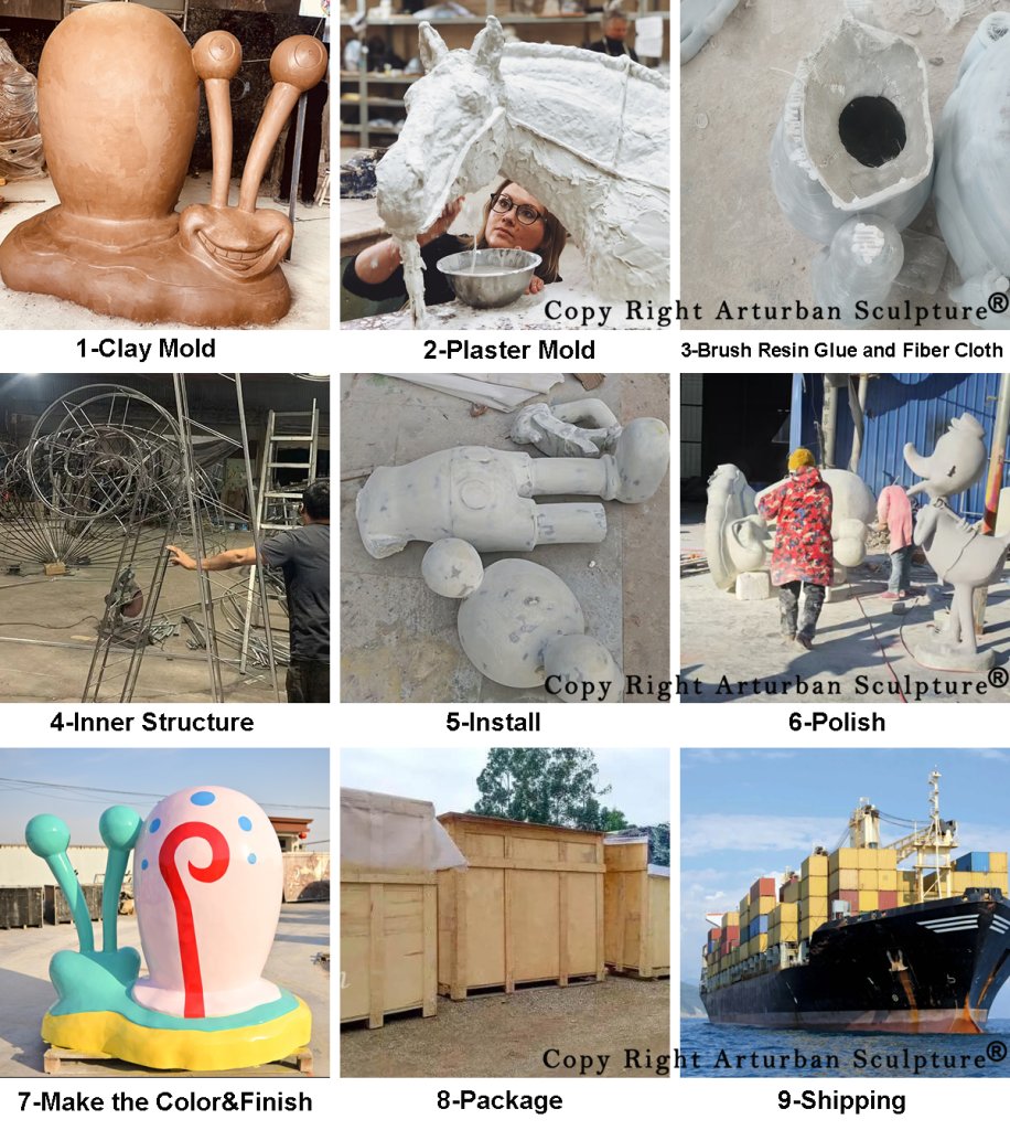 production process of fiberglass gary the snail sculpture