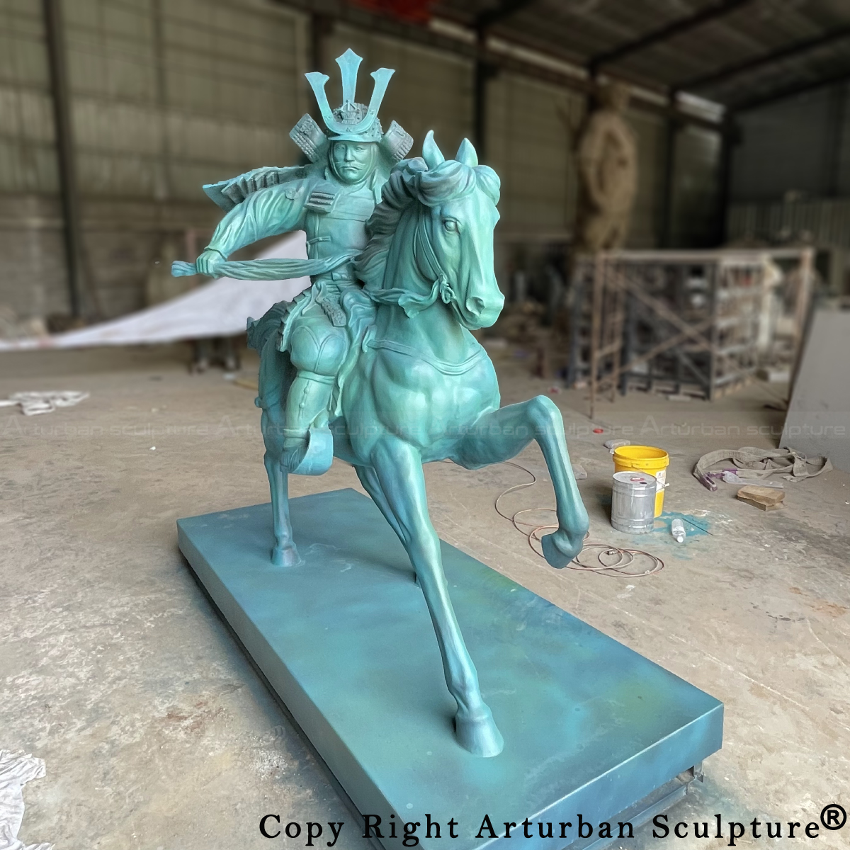 bronze Japanese Samurai Statue showing the samurai on horseback