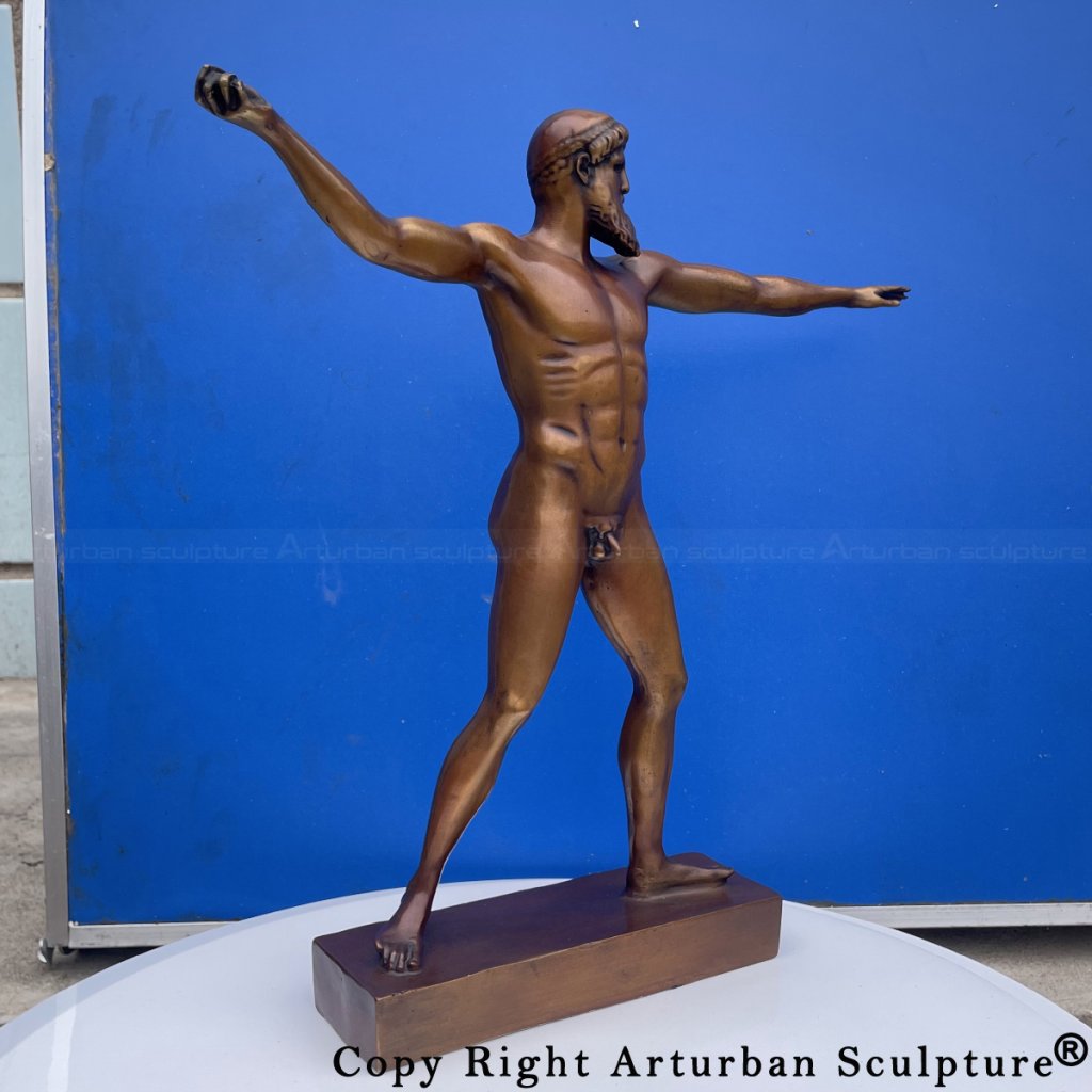 Artemision Bronze Zeus or Poseidon statue showing a nude male god figure with arms extended, ready to throw a thunderbolt or trident