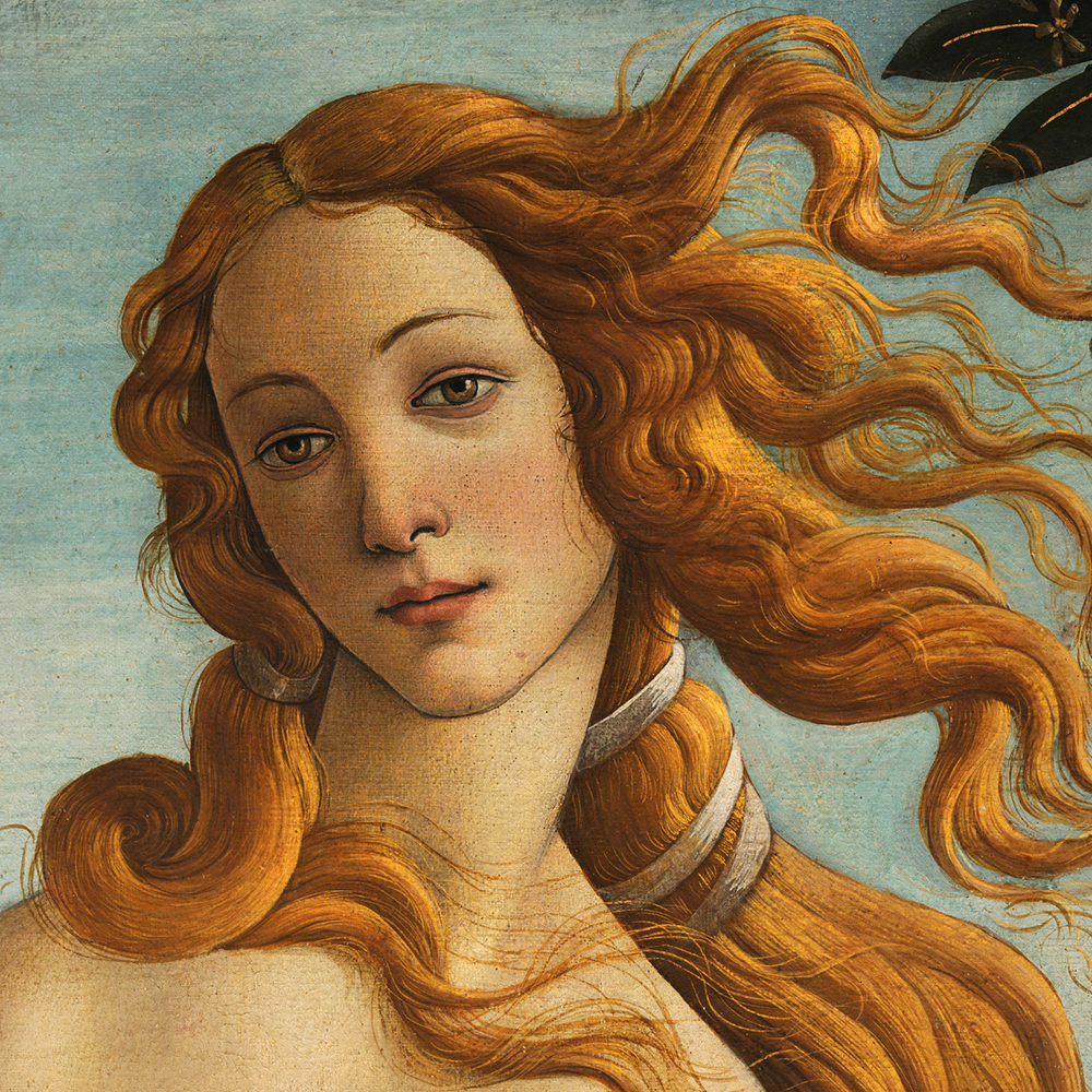 Close-up of Venus with flowing golden hair and serene expression